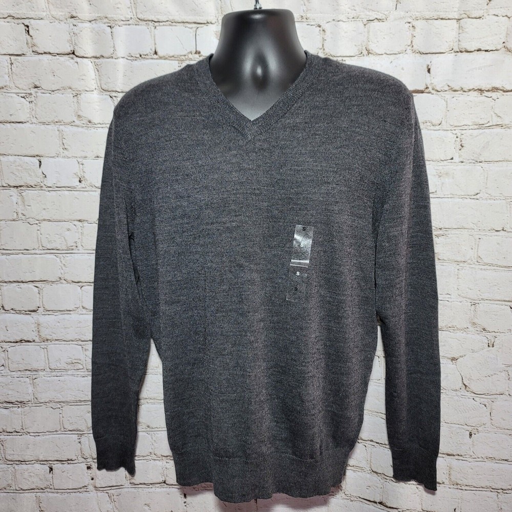 Club Room Men's V-Neck Sweater Size Small Merino Wool Blend Solid Gray